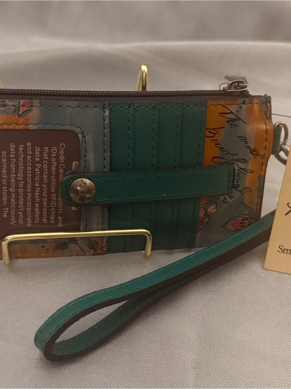Patricia Nash Teal Floral Card Wristlet with Gold Hardware